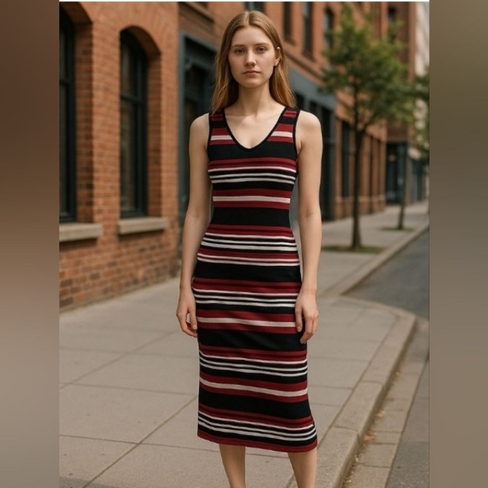 LU ❤️ NYC  Striped Sleeveless Dress - Black, Red, White Med